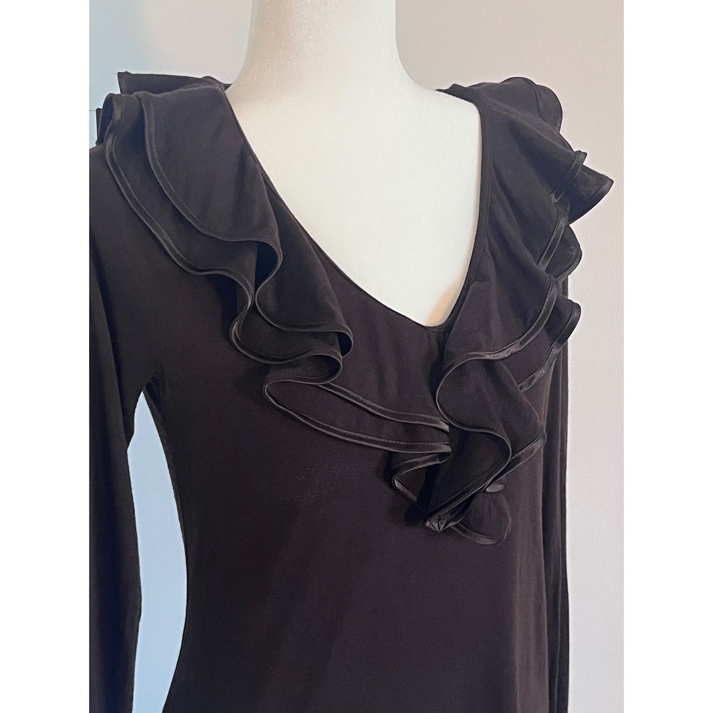 Lauren Ralph Lauren Ruffle V-Neck Top Womens Medium Brown Dark Academia Romantic